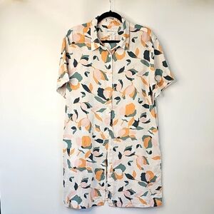 Rachel Zoe 100% Linen Cream Button Front Floral Shirt Dress w Side Pockets Sz: L